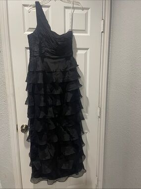 Kay Unger Black One-Shoulder Ruffle Gown